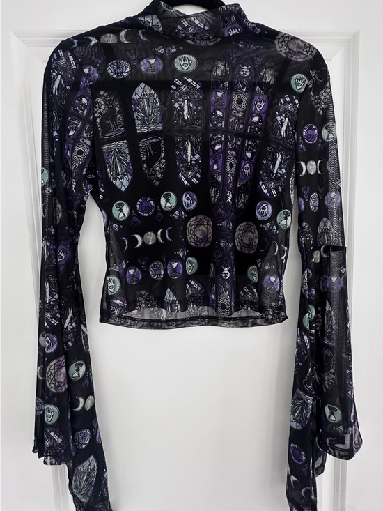 Hot Topic Tops - Hot Topic Black Sheer Mesh Long-Sleeve Top with Purple & Mint Mystical Print